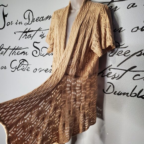 Woman Within Open Front Pointelle Tan Short Sleeve Cardigan, 14/16 - Picture 2 of 7